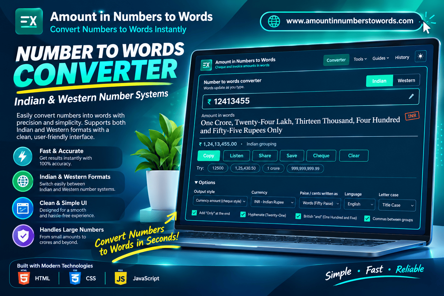 Amounts in Numbers to words Converter